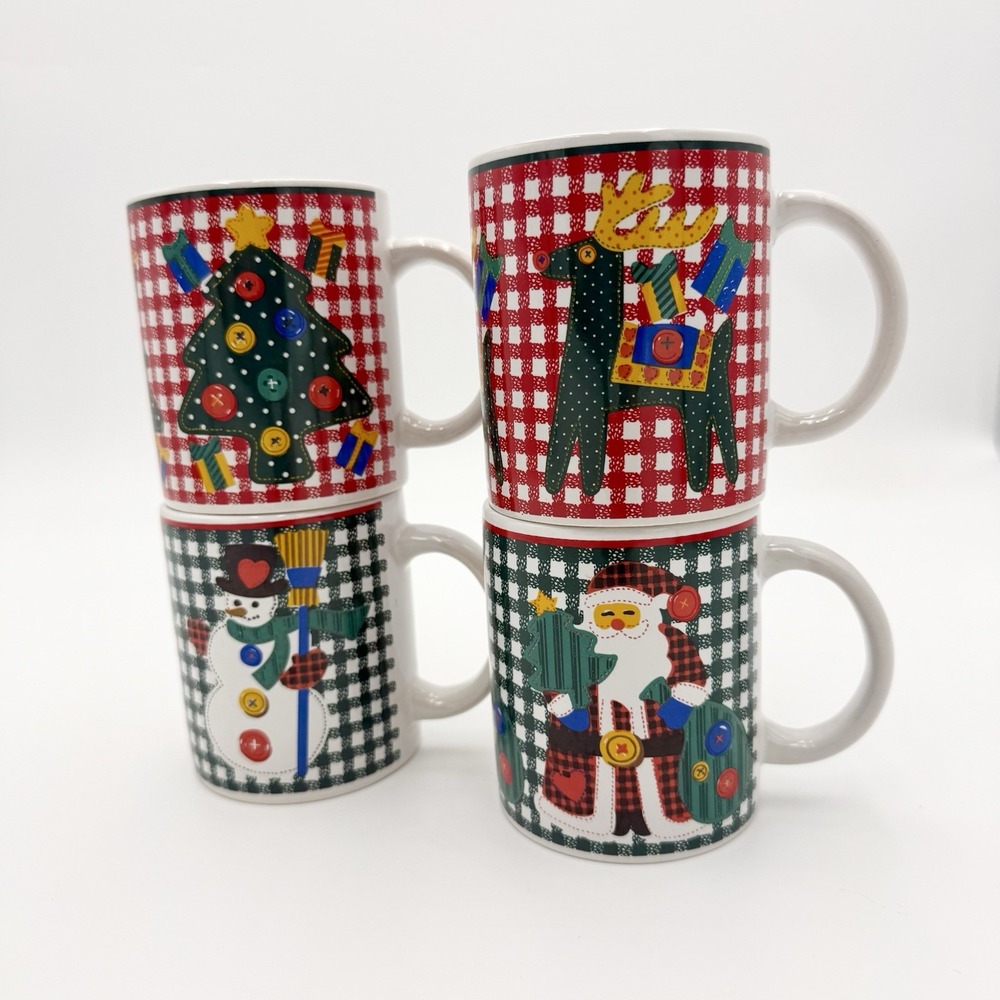 Riviera Van Beers Holiday Classics Gingham Christmas Stoneware Mugs Set of 4